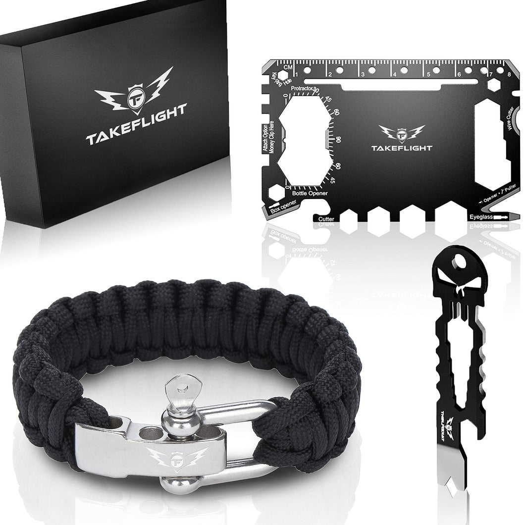 Credit Card Tool Gift Set – Wallet Tool Card and Bottle Opener Keychain + FREE Paracord Bracelet